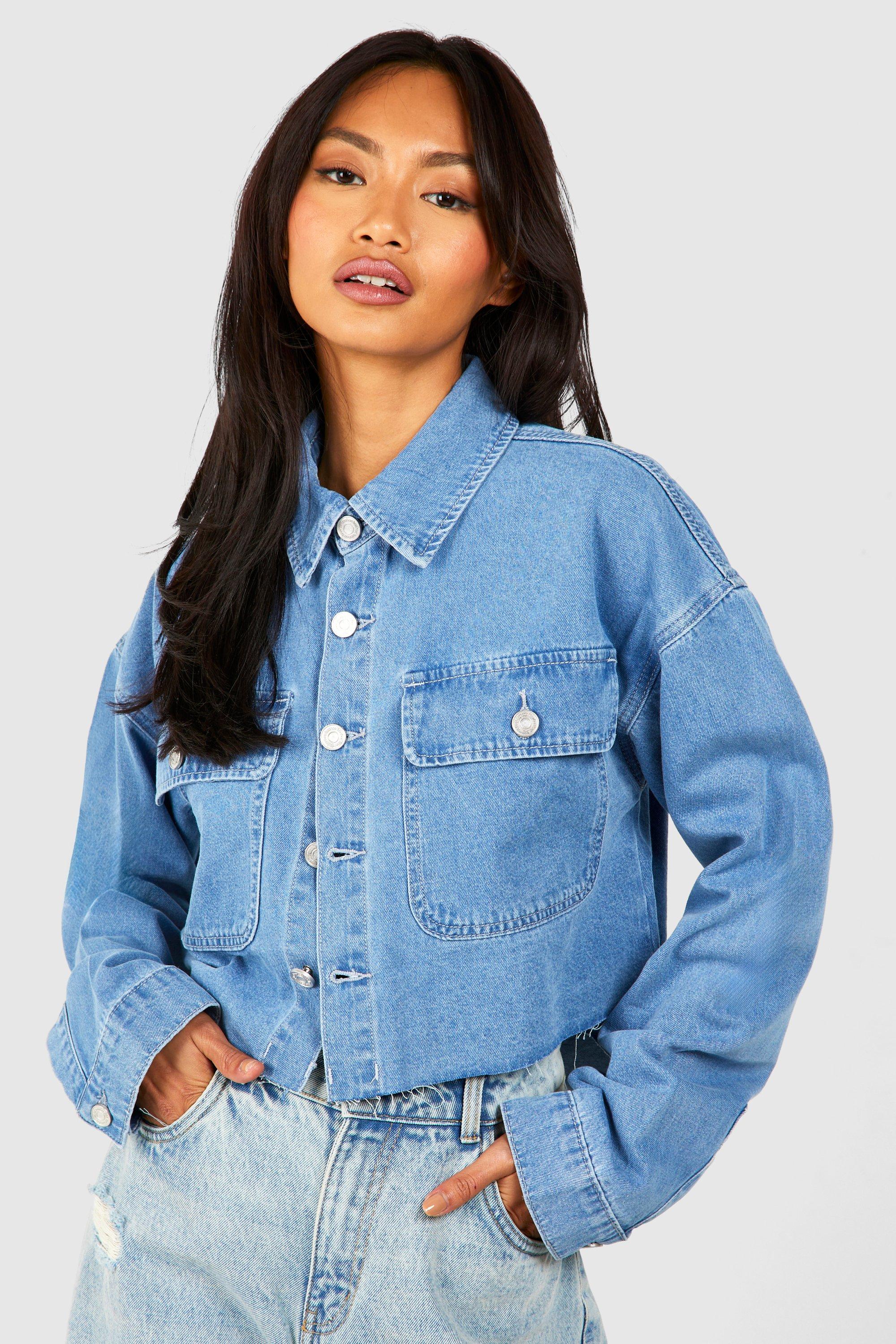 Raw Hem Curved Back Cropped Denim Shirt